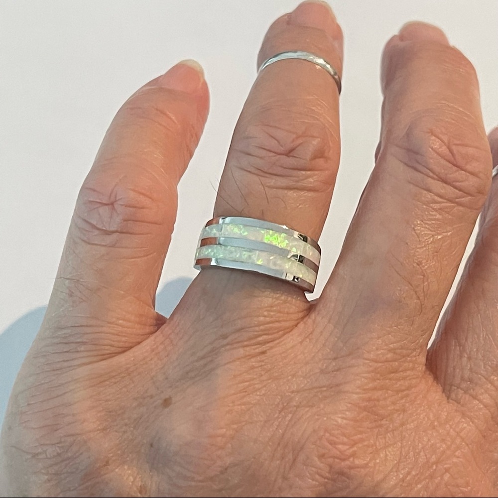 Sterling Silver White Lab Opal Ring, Wedding Band, October Birthstone Rings - Picture 6 of 13